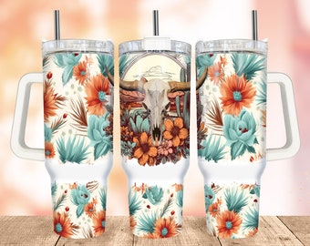 Boho 40 oz Tumbler Wrap PNG, Western Quencher Tumbler Wrap, Cow Skull Tumbler Wrap, Watercolour Tumbler with Handle Wrap Design Sublimation