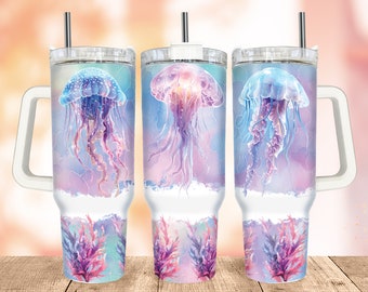 Jellyfish 40 Oz Tumbler Wrap, 40Oz Quencher Tumbler, Pastel Coral 40 Oz Tumbler PNG, Seamless Pastel Print Design Sublimation