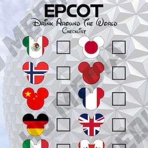 May include: A printable checklist for the Epcot Drink Around the World experience. The checklist features Mickey Mouse ears with flags representing different countries, including Mexico, Japan, Norway, Morocco, China, France, Germany, United Kingdom, Italy, Canada, and the United States.