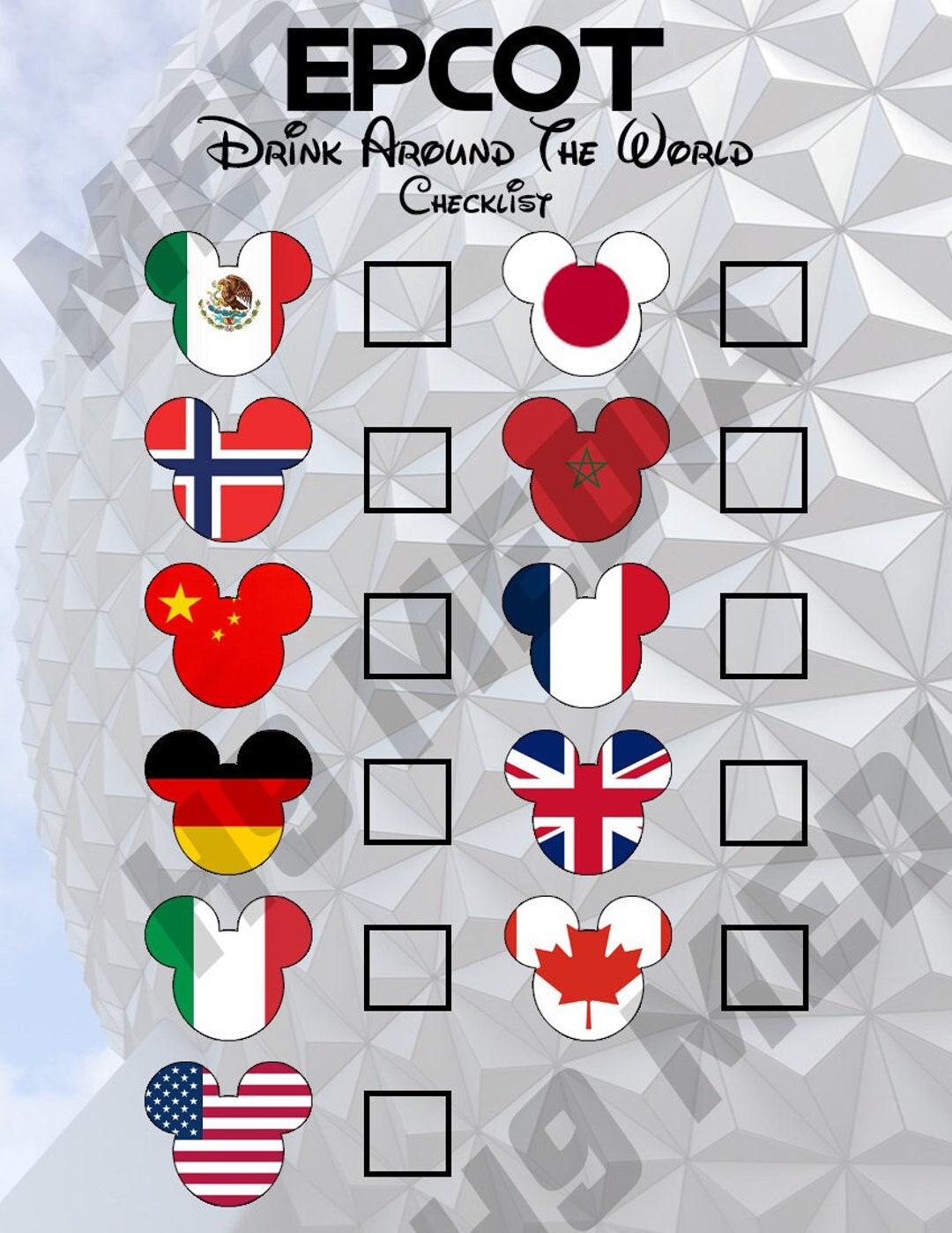 Epcot Drink Around the World Checklist - Etsy
