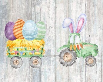 0160 - Bunny Tractor and Egg Wagon | Heat Transfer Ready to Press Sublimation DTF Cotton Shirt Film Transfer