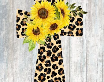 0156 - Leopard and Sunflower Cross | Heat Transfer Ready to Press Sublimation DTF Cotton Shirt Film Transfer