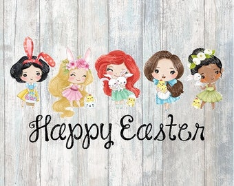 0218 - Happy Easter Princesses | Heat Transfer Ready to Press Sublimation DTF Cotton Shirt Film Transfer