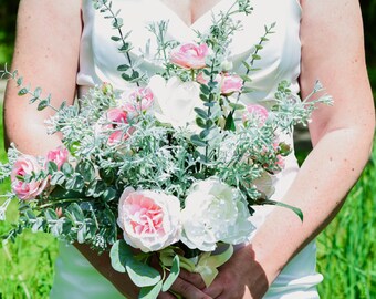 Blush Pink Bridal Bouquet, Classic Wedding Bouquet, Boutonniere, Boho Flower Bouquet, Faux Flower Bouquet, Bridesmaid Eucalyptus Bouquet