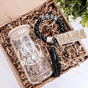 Boy Mama Mother's Day Gift Basket, Mother's Day Gift, Leopard Mama Keychain, Care Package for Her, Mama Iced Coffee Cup with Lid and Straw