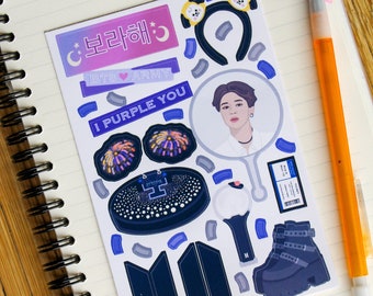 May include: A set of stickers featuring a K-pop band, BTS. The stickers include a portrait of a band member, a logo, a heart with the words "BTS ARMY", a moon, a star, a firework, a light stick, a pair of bunny ears, and a pair of boots. The stickers are printed on white paper.