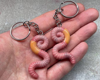Earthworm Keychain (1), Worm, Gross, Cute, Gag Gift, Sculpture, Weird, Handmade, OOAK