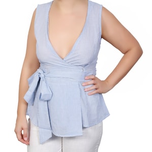 Organic Striped Light Blue V Wrap Top
