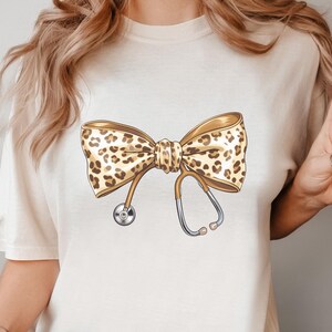 Comfort Color Leopard Ribbon Stethoscope T-Shirt, Gift T-shirt For New Doctor, Nurse Shirt, Nurse Gift Shirt, Nurse Coquette Bow Shirt