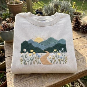 Embroidered Mountain Sweatshirt, Wildflower Landscape Hoodie Shirt, Nature Lover Gift, Cottagecore Floral, Scenic Embroidery Crewneck