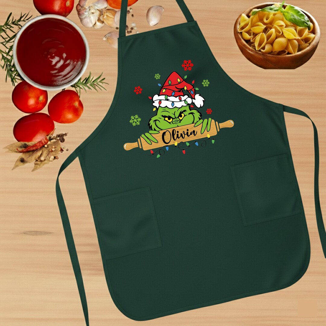 Customized Grinch Christmas Apron, Custom Name Kitchen Apron, Funny ...