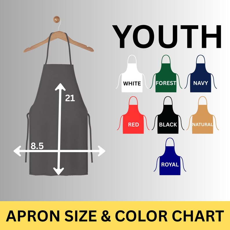 May include: A grey youth apron, 53 cm long and 22 cm wide, hangs on a wooden hanger. Colour options include white, forest green, navy, red, black, natural, and royal blue. The text "APRON SIZE & COLOR CHART" is at the bottom.