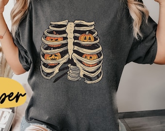 Comfort Colors Pumpkin in Skeleton Shirt, Dead Inside But It's Fall Tee, Funny Spooky Skeleton Shirt, Fall Vibes Halloween Skeleton Tee