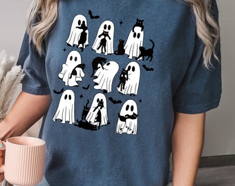 Comfort Colors Ghost With Cats Halloween Shirt, Halloween Cat Shirt, Ghost Cat Lover Shirt,  Cute Ghost Apparel, Halloween Shirt, Scary Tee