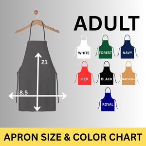 May include: A grey adult apron, 53 cm long and 22 cm wide, hangs on a wooden hanger. The image includes a colour chart with apron colour options: white, forest green, navy, red, black, natural, and royal blue.