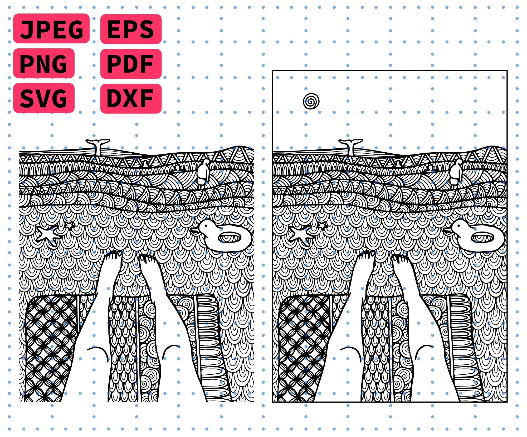 Zentangle Zenart Sommer Strand Landschaft Dolphin Svg Digital Etsy