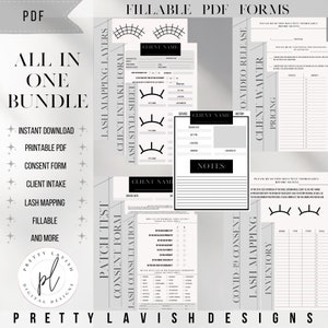 May include: A set of printable PDF forms for lash technicians. The forms include a client intake form, lash mapping form, lash style sheet, consent form, patch test, COVID-19 consent, video release, client waiver, and inventory. The forms are black and white with a gray background.