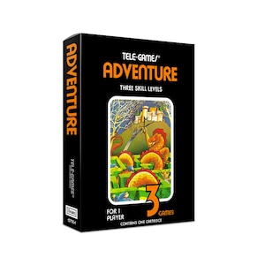 May include: A black box for the Tele-Games Adventure game cartridge. The box features a colourful illustration of a dragon and a castle on a green hill. The text on the box reads "Tele-Games Adventure" and "Three Skill Levels".