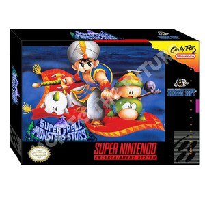 May include: Super Nintendo Entertainment System game cartridge box art featuring a colourful illustration of three characters on a magic carpet flying over a blue ocean. The game title is "Super Shell Monsters Story".
