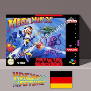 May include: A Mega Man X video game box for the Super Nintendo Entertainment System featuring a blue and white robot character, a purple octopus-like creature, and a green vehicle. The text includes Mega Man X, Super Nintendo, and Capcom.
