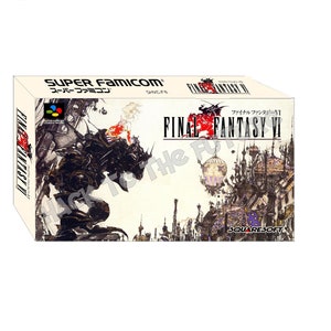 Peut inclure: Une boîte de jeu Super Famicom blanche avec une illustration en noir et blanc d'un personnage chevauchant une créature mécanique. Le texte "FINAL FANTASY VI" est en rouge et blanc sur la boîte.