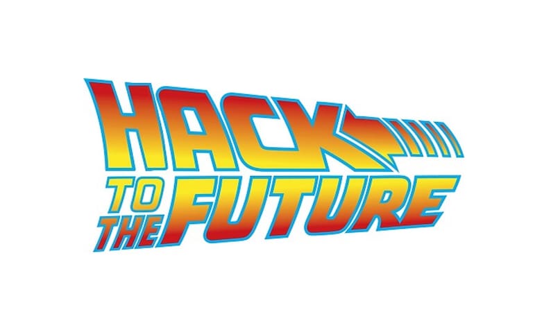 Pode incluir: Um logotipo colorido com o texto "Hack to the Future" em uma fonte estilizada. A palavra "Hack" est&aacute; em um tamanho de fonte maior e tem um contorno azul. As palavras "to the Future" est&atilde;o em um tamanho de fonte menor e t&ecirc;m um contorno vermelho. O logotipo est&aacute; sobre um fundo branco.