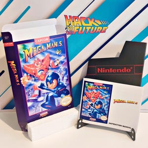 May include: A Mega Man 5 video game box and instruction manual. The box is purple with a colourful illustration of Mega Man and other characters. The instruction manual is white with the game's cover art. The Nintendo logo is visible.