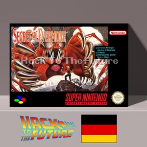 Pode incluir: Um cartucho de jogo Super Nintendo Entertainment System para Secret of Evermore. A arte da caixa apresenta um monstro vermelho com garras afiadas e um personagem humano em pé na frente dele. O jogo é classificado como 24 Megabits e é uma aventura de fantasia.