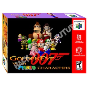 May include: A Nintendo 64 game cartridge box with a purple background and a black front panel. The front panel features a group of Mario characters, including Mario, Luigi, Peach, Donkey Kong, and Yoshi. The game title is "GoldenEye 007 with Mario Characters".