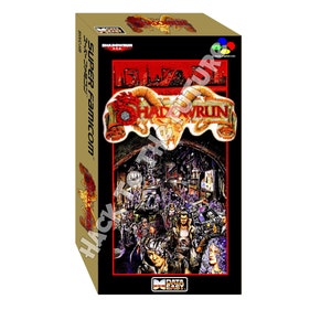 May include: A gold Super Famicom game cartridge box with a black and red illustration of a city scene. The game title is "Shadowrun" and the game is published by Data East.