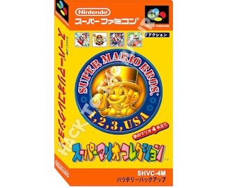 May include: A yellow Super Nintendo game cartridge box with a gold coin featuring a cartoon Mario character. The box has the text "Super Mario Collection!" and "SHVC-4M" on it.