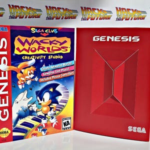 K&ouml;nnte beinhalten: Ein SEGA Genesis Videospiel-Box-Set mit "Wacky Worlds Creativity Studio". Das Box-Art zeigt Sonic the Hedgehog und Tails, mit dem SEGA-Logo und dem Text "Genesis". Das Set enth&auml;lt eine rote Box mit dem Genesis-Logo.