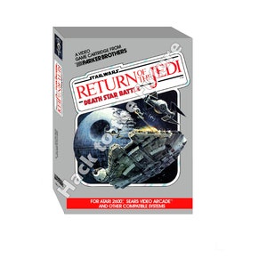 May include: A grey Atari 2600 game cartridge box with a red and white label. The label features the Star Wars logo and the text "Return of the Jedi - Death Star Battle". The box shows a spaceship flying towards the Death Star.