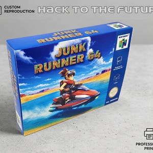 Peut inclure: Une boîte de jeu vidéo rectangulaire bleue pour Junk Runner 64 montrant un personnage sur un jet ski rouge sur l'eau sous un ciel bleu. La boîte affiche le logo Nintendo 64, le texte HACK TO THE FUTURE et une marque d'impression professionnelle.