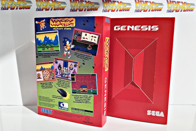 K&ouml;nnte beinhalten: Zwei SEGA Genesis-Spielboxen. Die linke Box ist f&uuml;r "Wacky Worlds Creativity Studio" mit Sonic the Hedgehog und Spiel-Screenshots. Die rechte Box ist rot mit dem Wort "GENESIS" und einem geometrischen Design. Der Hintergrund hat den Text "Back to the Future".