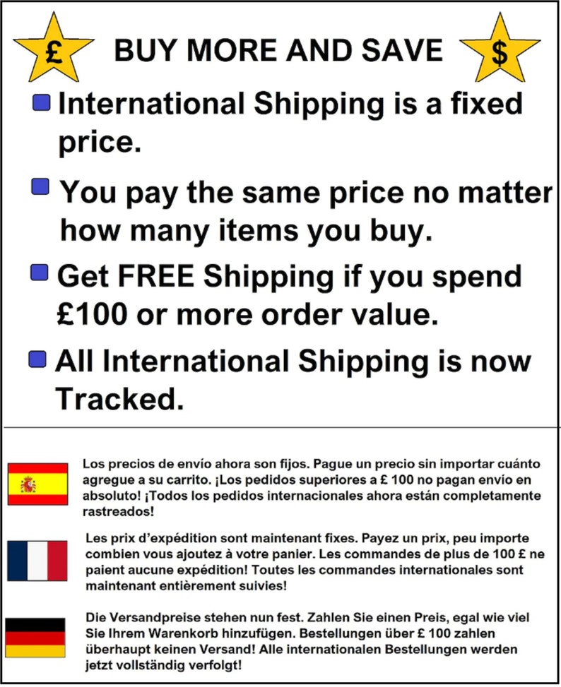 Pode incluir: Um gr&aacute;fico com fundo azul e texto branco que descreve os benef&iacute;cios de comprar v&aacute;rios itens. O texto diz: "COMPRE MAIS E ECONOMIZE" e "O envio internacional &eacute; a pre&ccedil;o fixo."  "Voc&ecirc; paga o mesmo pre&ccedil;o, independentemente de quantos itens comprar."  "Obtenha frete GR&Aacute;TIS se gastar &pound; 100 ou mais."  "Todos os envios internacionais agora est&atilde;o totalmente rastreados."