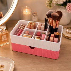 Könnte beinhalten: Ein zweifarbiger Make-up-Organizer mit weißem Oberteil und rosa Basis. Der Organizer ist mit verschiedenen Kosmetika gefüllt, darunter Lippenstifte, Pinsel und Puder. Eine Schublade ist unten sichtbar. Der Organizer steht auf einer Holzoberfläche.