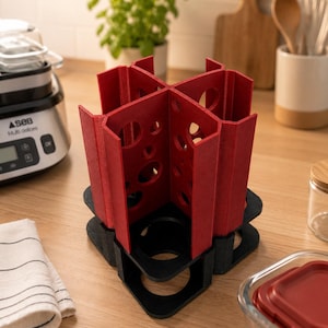 Peut inclure: Un organisateur de cuisine en plastique rouge et noir doté d'une structure verticale en forme de croix avec des découpes circulaires sur les panneaux rouges et une base carrée avec des ouvertures circulaires pour maintenir des récipients.