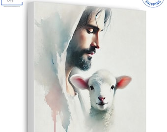 Cuadro de pared en acuarela con la imagen de Jesús y el Cordero, decoración cristiana para el hogar.