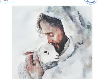 Jesús y el Cordero en acuarela sobre lienzo, arte cristiano para la pared y decoración del hogar.