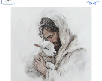 Jesus and Lamb Canvas Watercolor Christian Home Decor He Left the 99