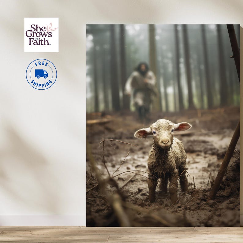 jesus lost sheep art above sideboard