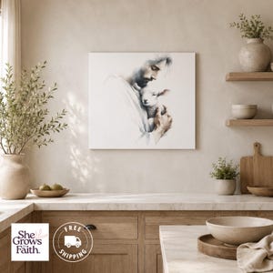 Christian Wall Art Jesus Shepherd Painting Lamb Canvas Print Religious Home Office Gift Spiritual Room Decoration Faith Inspired Artwork Watercolor Biblical Scene Display Peaceful Devotional Picture Serene Inspirational Canvas Hanging
