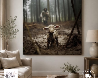 Jesus Leaving the 99 Lost Sheep Artwork Good Shepherd Canvas Print Large Christian Livingroom Wall Art Religious Home Decor Above Sofa Art