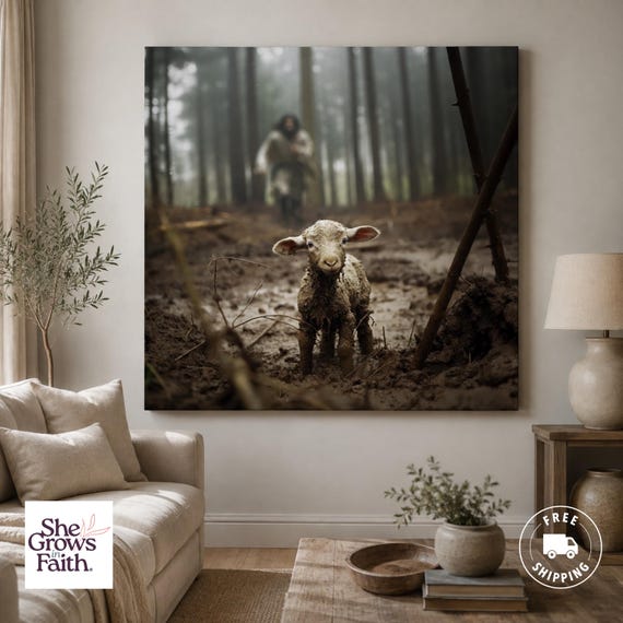 Jesus Leaving the 99 Lost Sheep Artwork Good Shepherd Canvas Print Large Christian Livingroom Wall Art Religious Home Decor Above Sofa Art