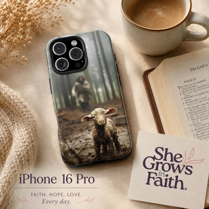 Faith Phone Case iPhone 11 12 13 14 15 16 17 Pro Max Plus Air Christian Phone Case Jesus Phone Case Christian iPhone Case Tough Protective Two Piece Cover Wireless Charging Compatible Lost Lamb Design Religious Case for Women
