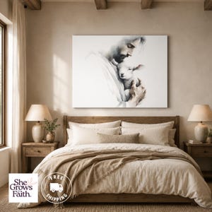 Jesus Lamb Canvas Art Christian Wall Hanging Religious Print Watercolor Shepherd Painting Biblical Scene Artwork Spiritual Room Display Faith Inspired Home Office Decoration Prayer Space Bedroom Living Room Art Perfect Religious Gift