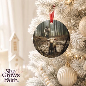 Metal Round Ornament Jesus Shepherd And Lamb Design Christmas Tree Hanging Display Christian Keepsake Gift Collection Biblical Message He Left Ninety Nine Aluminum Construction Glossy Finish Spiritual Holiday Styling Religious Present