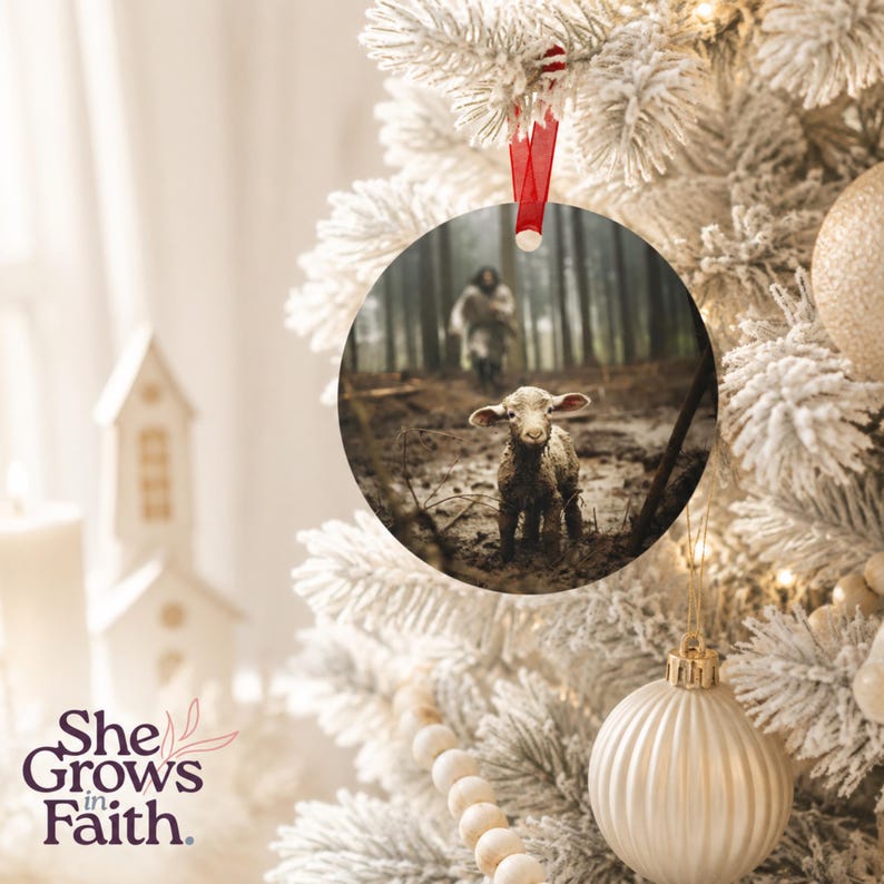 Metal Round Ornament Jesus Shepherd And Lamb Design Christmas Tree Hanging Display Christian Keepsake Gift Collection Biblical Message He Left Ninety Nine Aluminum Construction Glossy Finish Spiritual Holiday Styling Religious Present