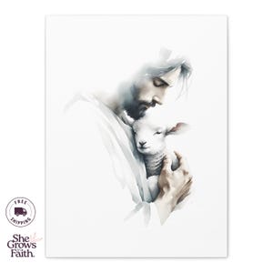 Religious Gift Ideas Jesus Lamb Artwork Christian Canvas Print Spiritual Wall Hanging Watercolor Shepherd Painting Faith Inspired Home Decoration Biblical Scene Display Peaceful Devotional Art Serene Inspirational Picture Perfect Easter